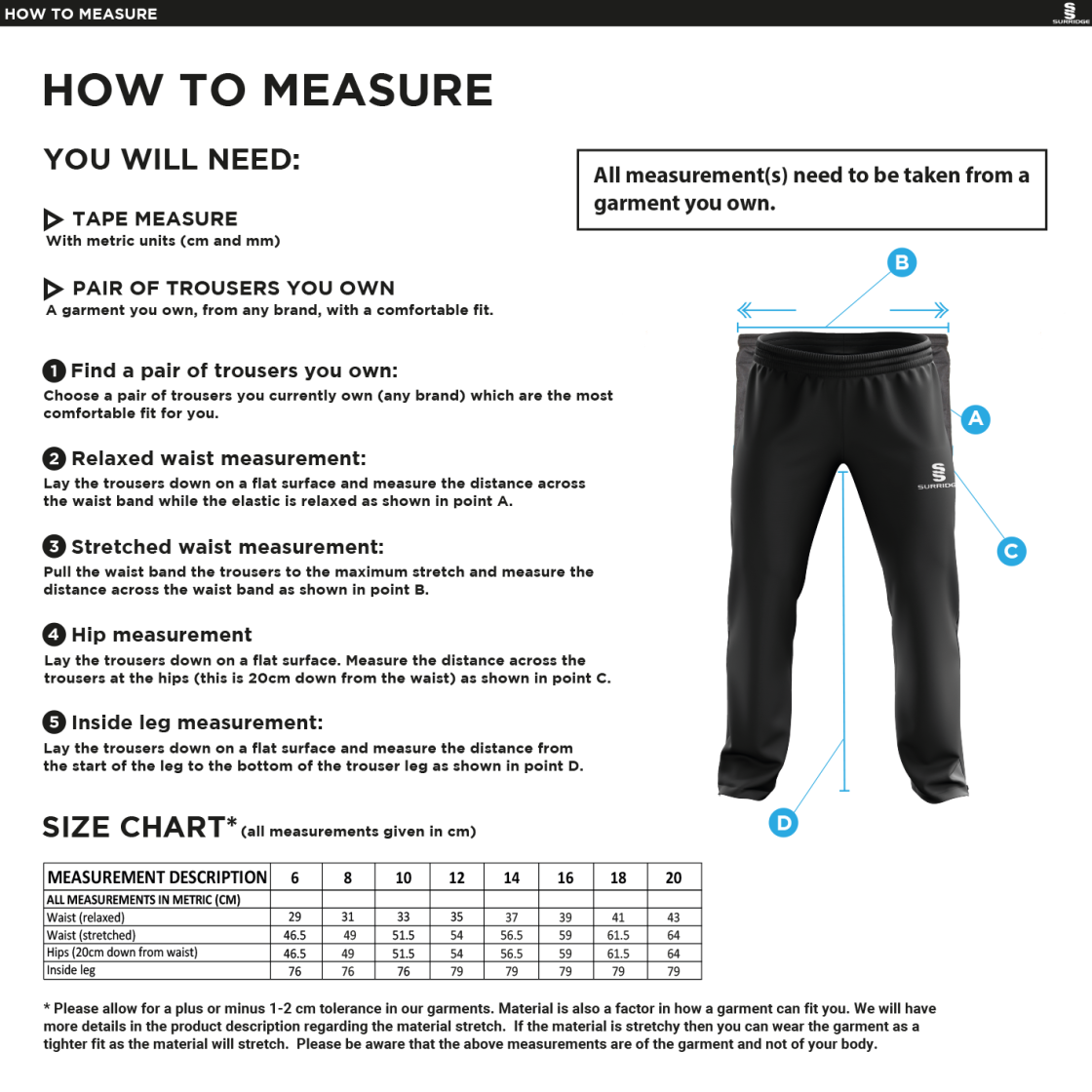 Kirkby Portland CC - Women's Ripstop Track Pant - Size Guide