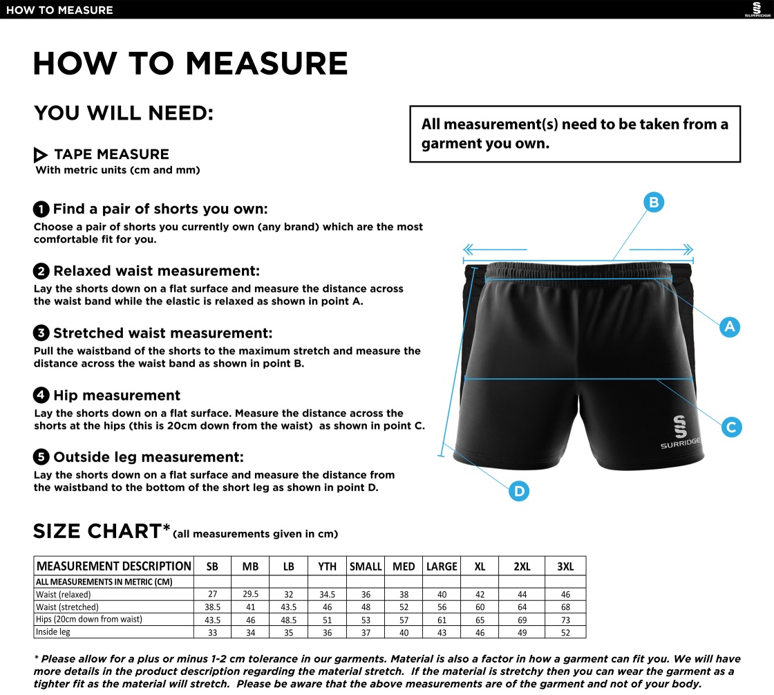 Kirkby Portland CC - Dual Gym Shorts - Size Guide