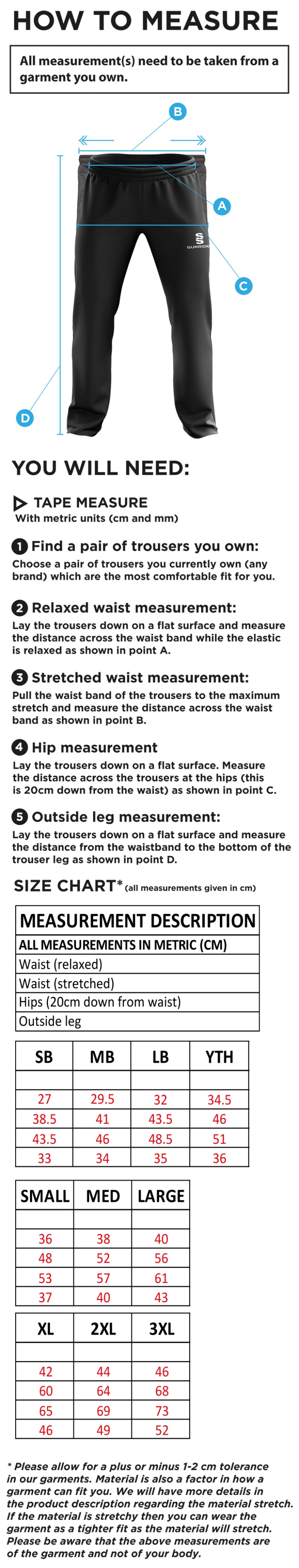 Kirkby Portland CC - Ripstop Track Pant - Size Guide