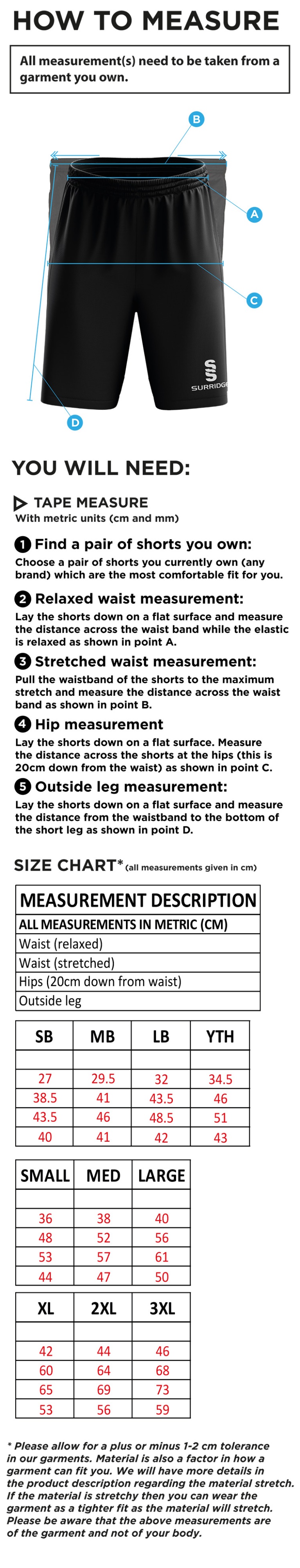 Kirkby Portland CC - Blade Training Shorts - Size Guide