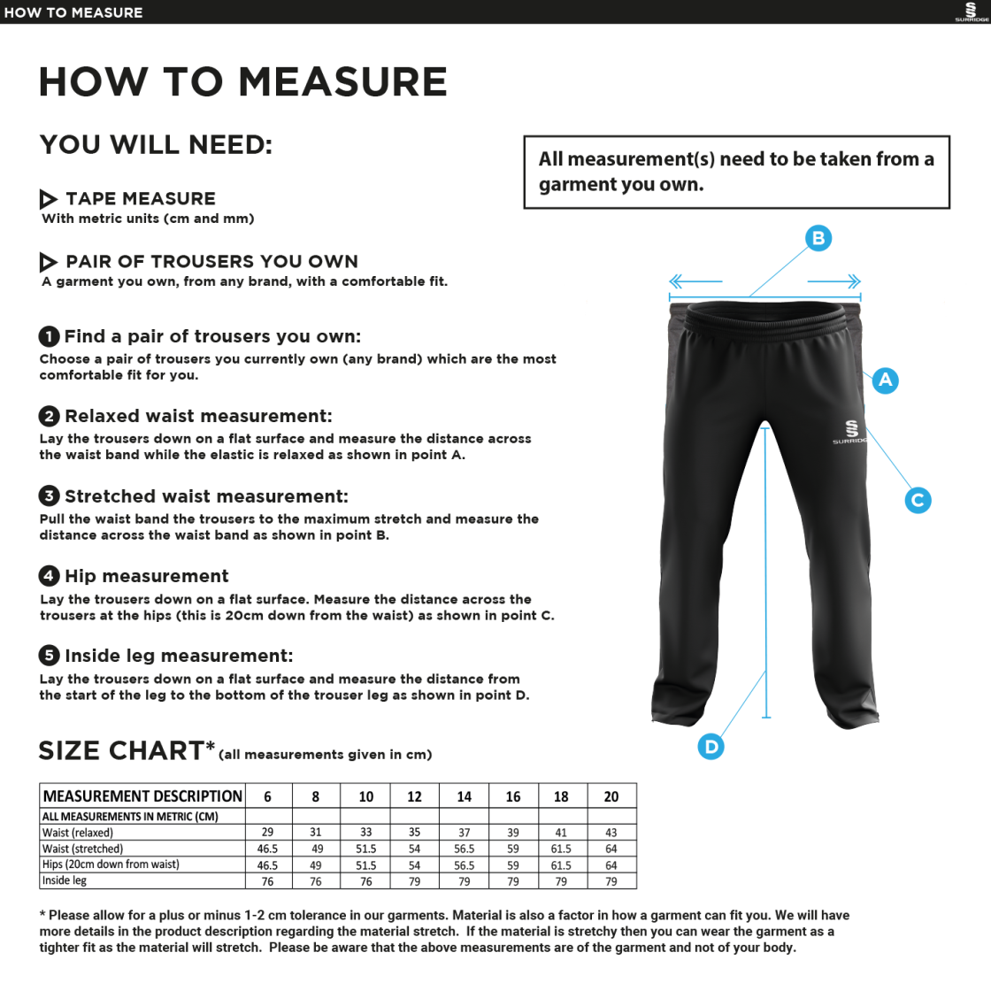 Kirkby Portland CC - Women's Poplin Track Pant - Size Guide