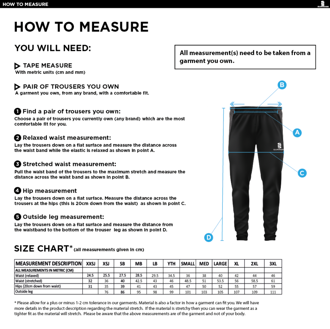 Kirkby Portland CC - Slim Training Pants - Size Guide