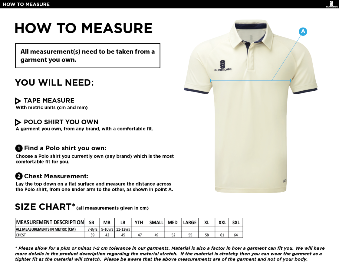 Kirkby Portland CC - Ergo Short Sleeve Playing Shirt - Size Guide