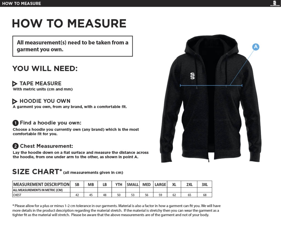 Kirkby Portland CC - Dual Bonded Full Zip Hoody - Size Guide