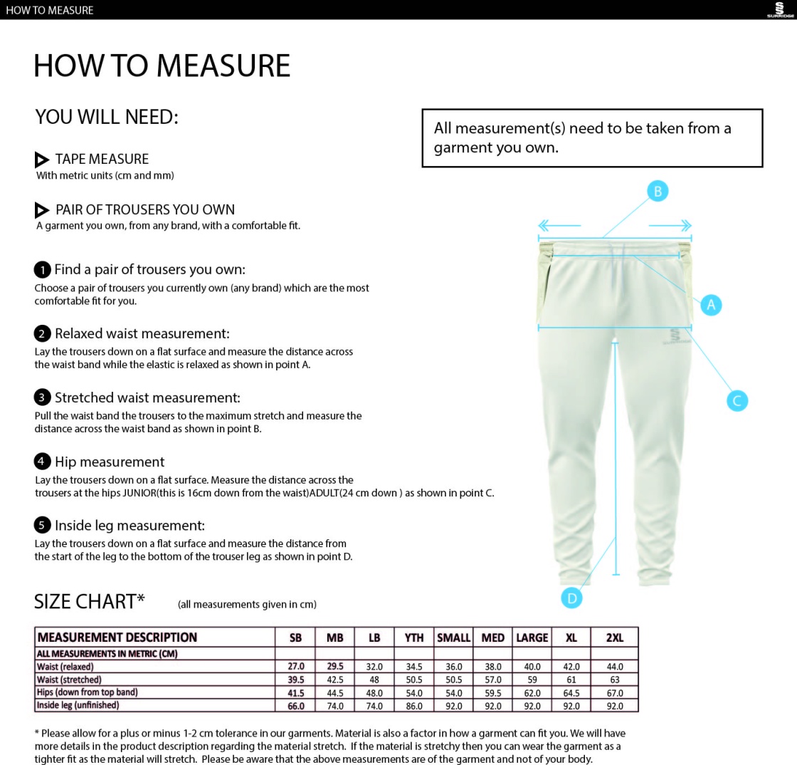 Kirkby Portland CC - Coloured Cricket Trousers - Size Guide