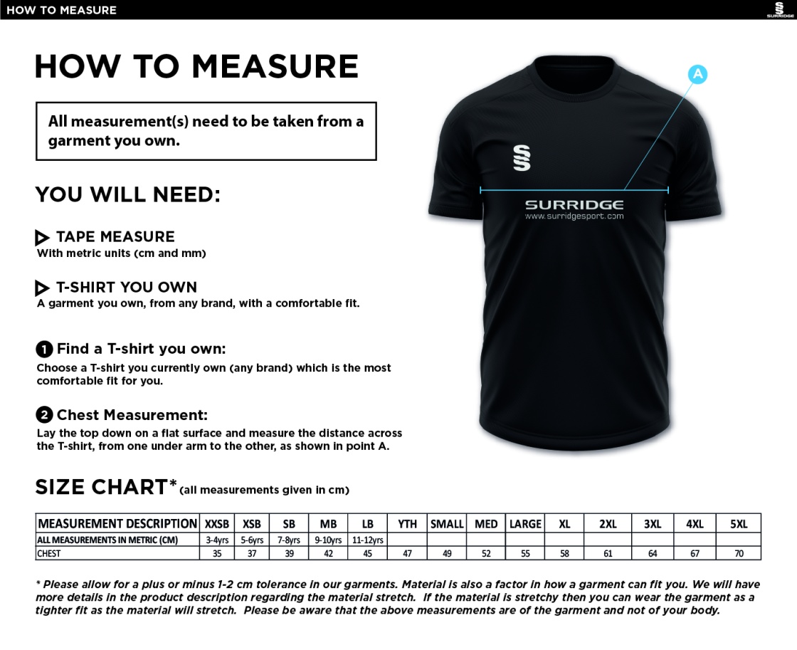 Kirkby Portland CC - Blade Training T-shirt - Size Guide