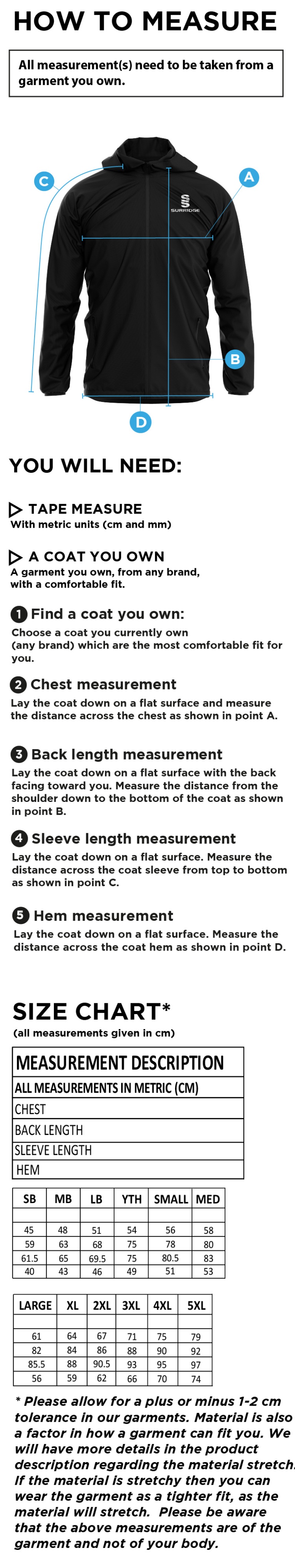 Kirkby Portland CC - Lightweight Full Zip Training Jacket - Size Guide