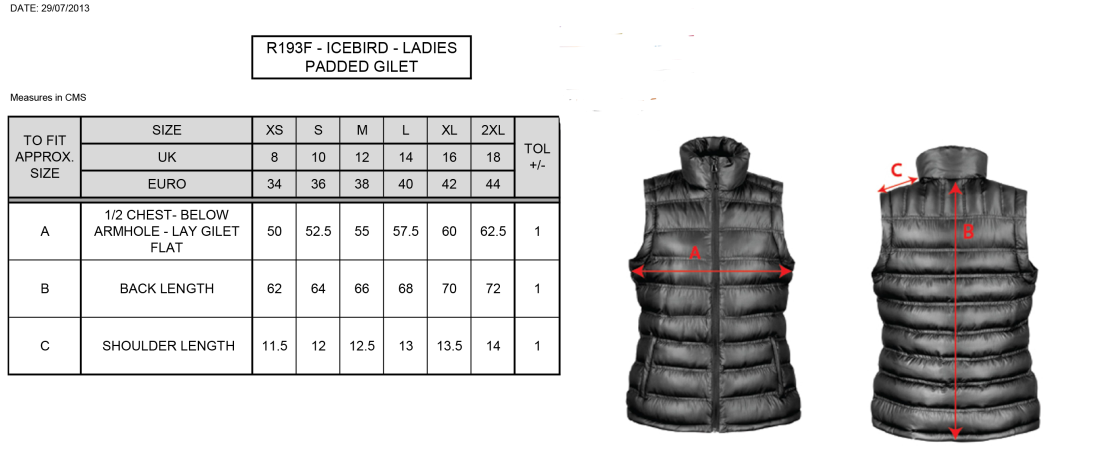 Women's Padded Gilet : Navy - Size Guide
