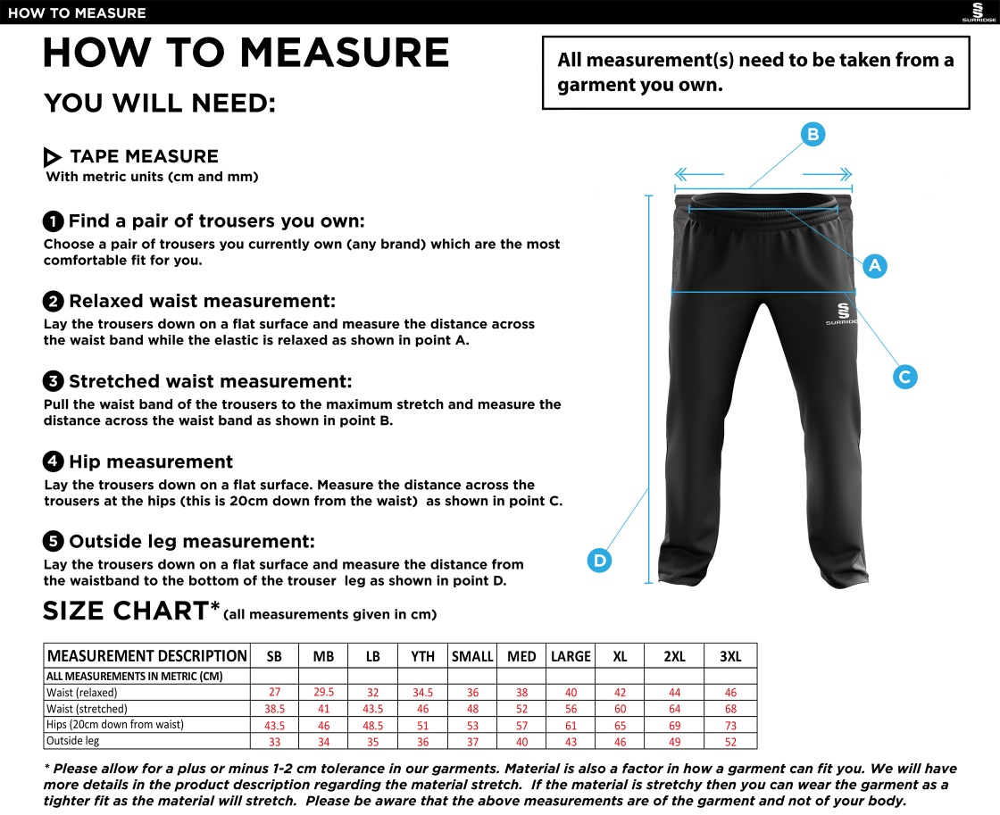 Kirkby Portland CC - Ripstop Track Pant - Size Guide