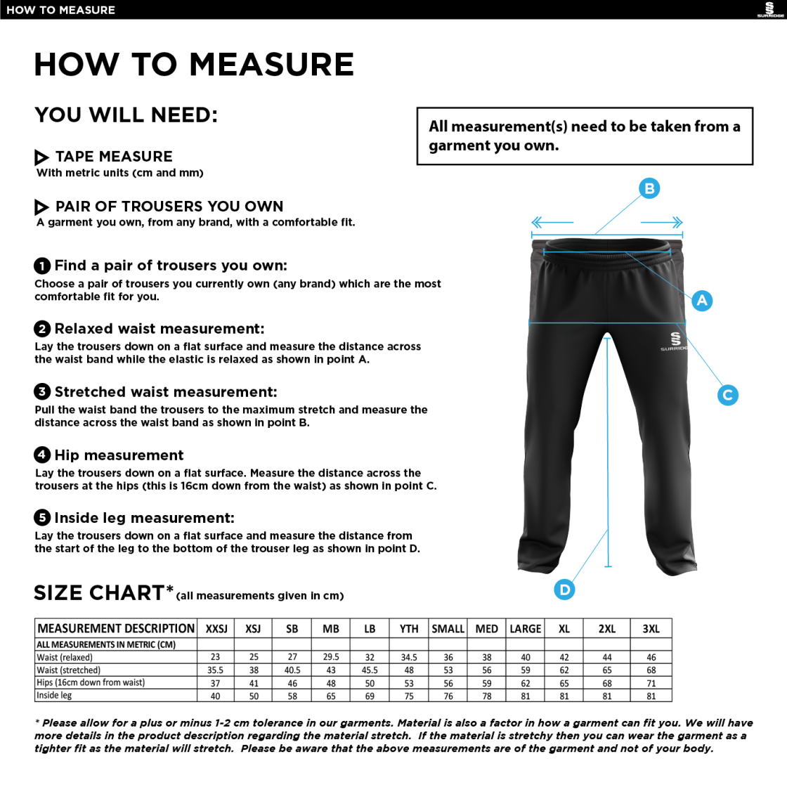 Kirkby Portland CC - Poplin Track Pant - Size Guide