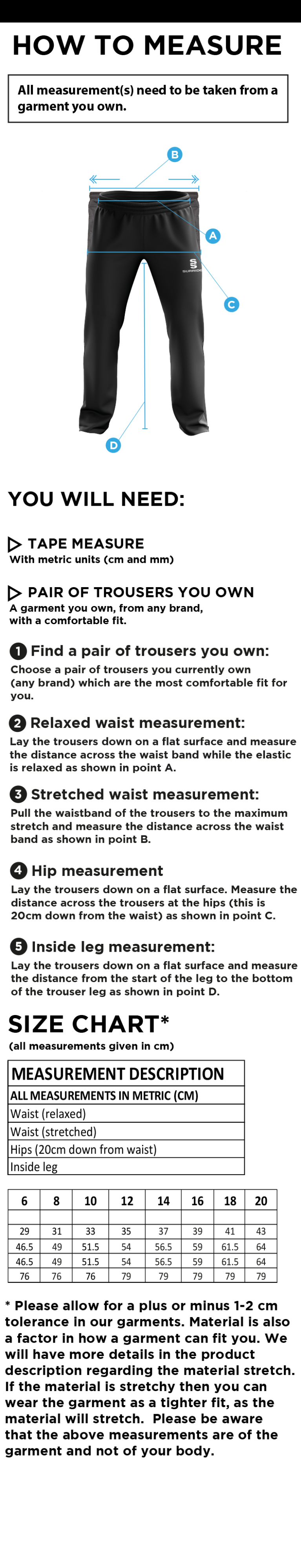 Kirkby Portland CC - Women's Poplin Track Pant - Size Guide