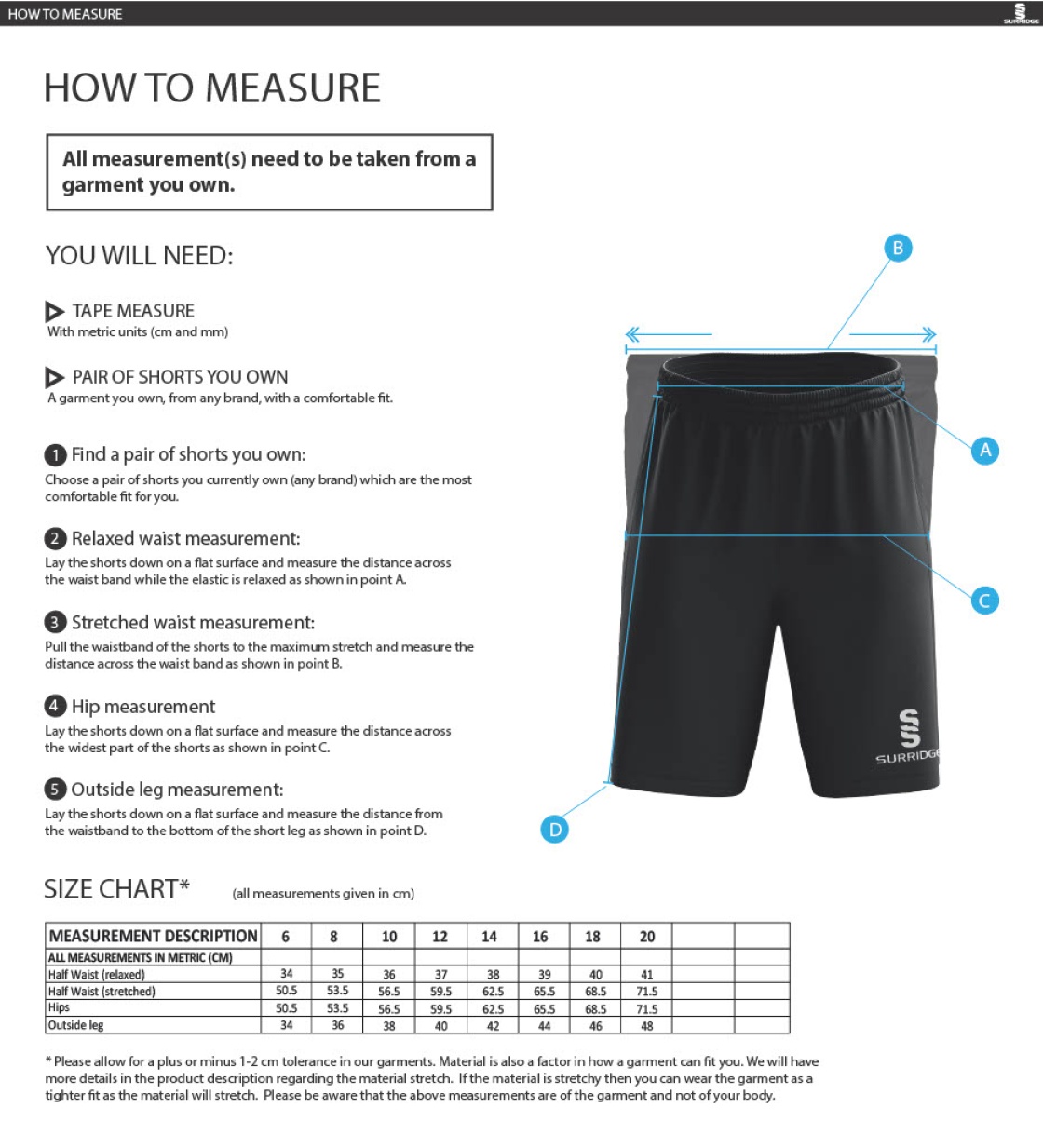 Kirkby Portland CC - Women's Ripstop Leisure Shorts - Size Guide