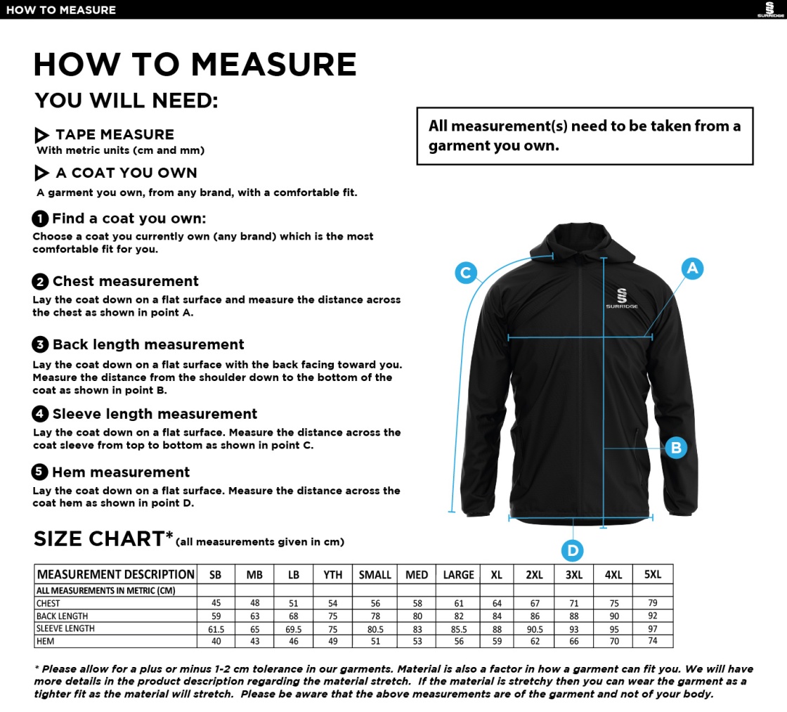Kirkby Portland CC - Lightweight Full Zip Training Jacket - Size Guide