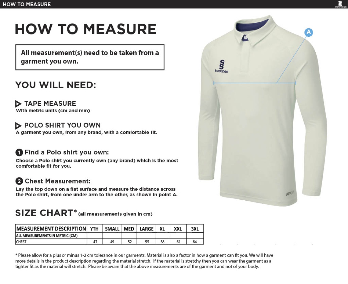 Kirkby Portland CC - Ergo Long Sleeve Playing Shirt - Size Guide