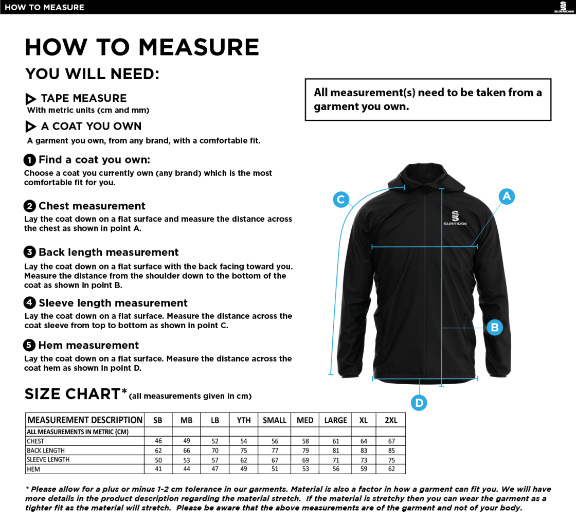 Kirkby Portland CC - Lightweight Full Zip Training Jacket - Size Guide