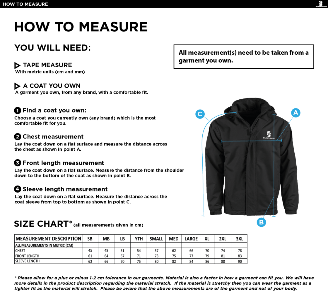 Kirkby Portland CC - Fleeced Line Jacket - Size Guide