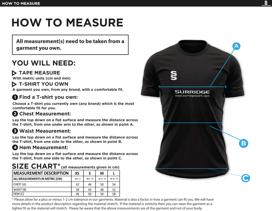 Kirkby Portland CC - Women's Dual Games Training Shirt - Size Guide