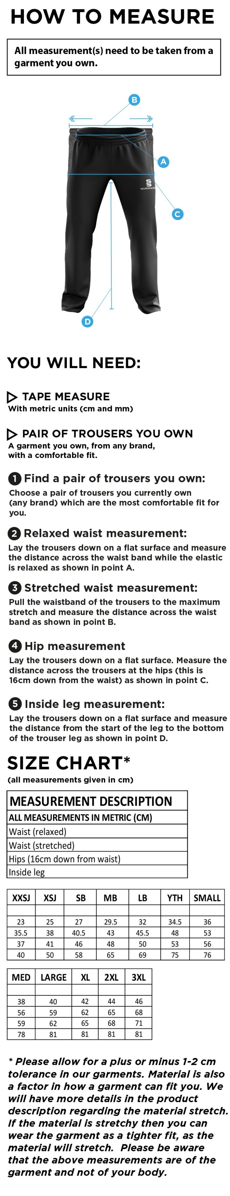 Kirkby Portland CC - Poplin Track Pant - Size Guide