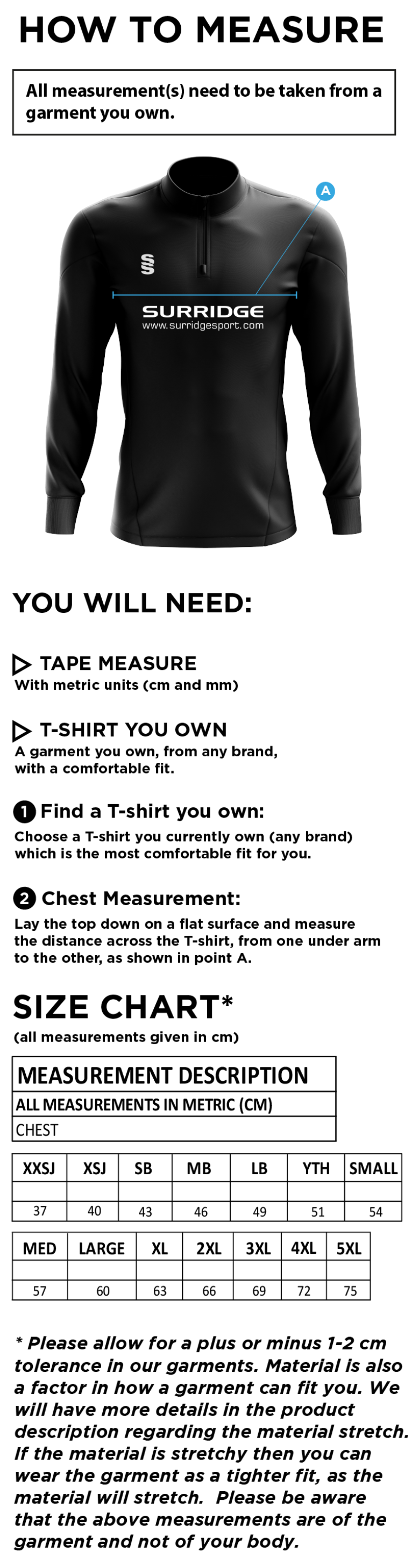 Kirkby Portland CC - Blade Performance Top - Size Guide